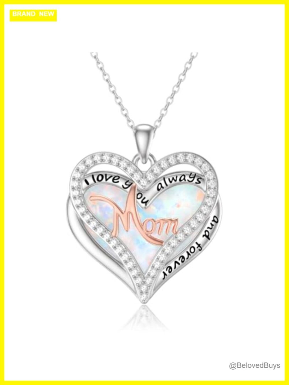 14K White Gold Plated Opal Heart Mom Pendant Necklace 18" Women's Jewelry